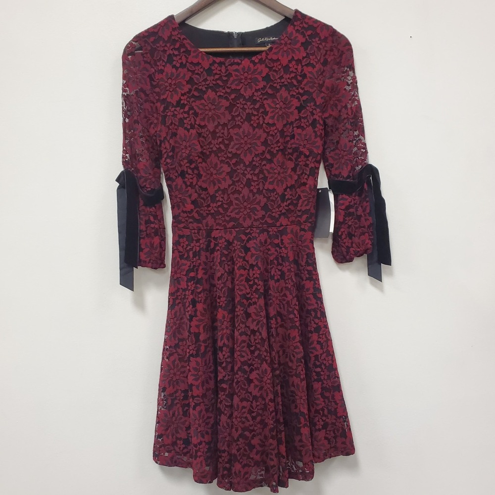 Jodi Kristopher Womens Crochet Lace Overlay Dress Size 0 Red Black Holiday Lined